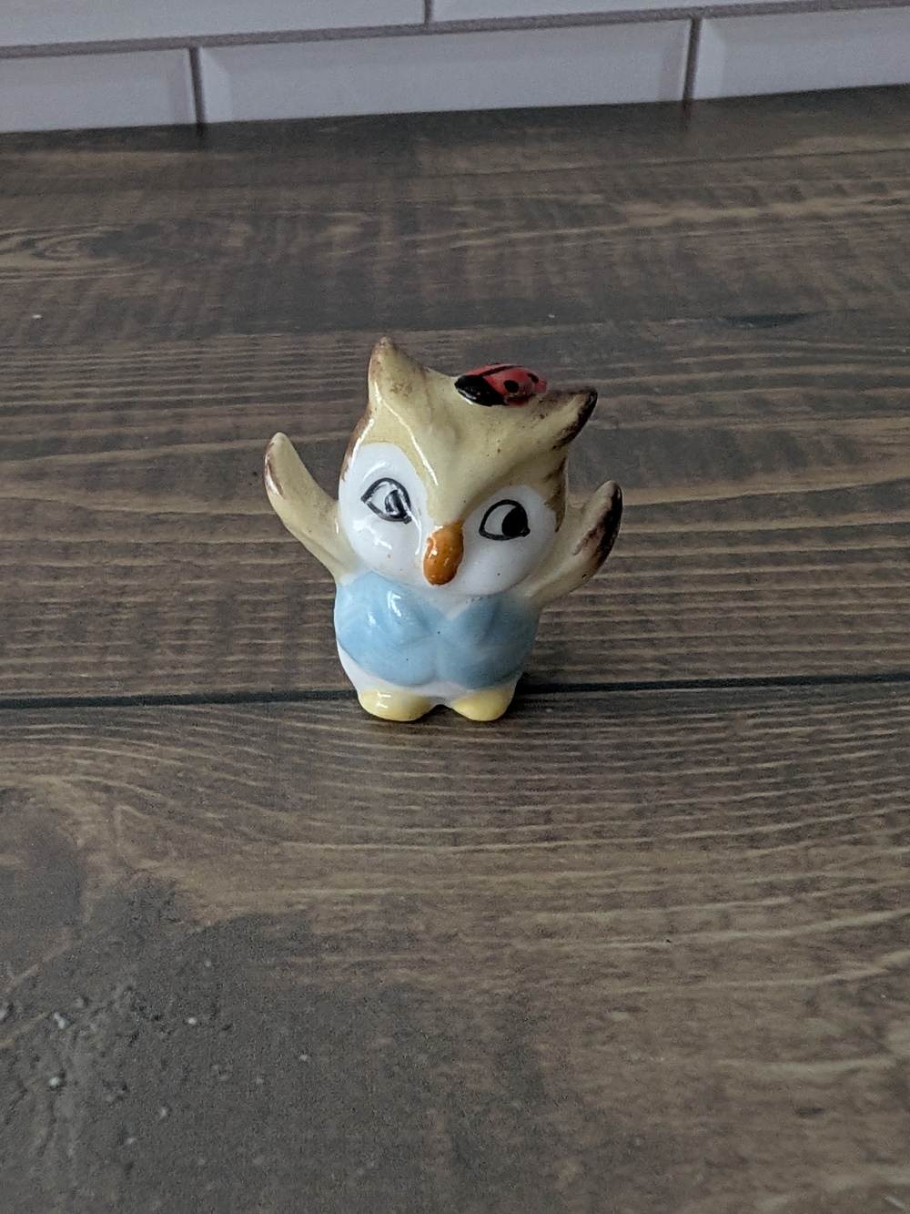 Miniature Ceramic Owl Figurine with Ladybug Vintage Mid Century
